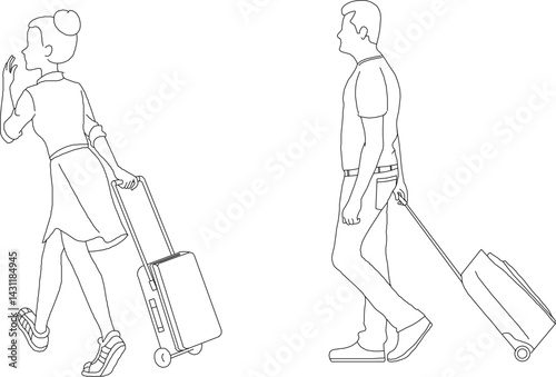 silhouette design vector illustration sketch of people doing travel activities traveling using a wheeler bag suitcase