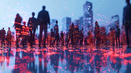Urban Crowd Silhouettes  Cityscape Reflection  Night Lights  Digital Overlay