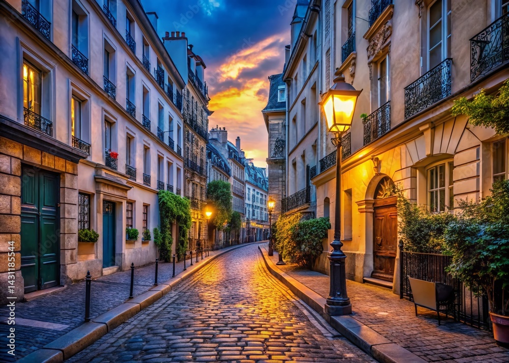 Obraz premium Charming Parisian Dusk Street: Urban Exploration Photography