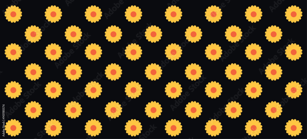 A decorative seamless pattern featuring neat rows of yellow sunflowers contrasted against a black background. Perfect for modern designs, artistic inspirations, and creating vibrant backgrounds.