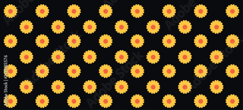 A decorative seamless pattern featuring neat rows of yellow sunflowers contrasted against a black background. Perfect for modern designs, artistic inspirations, and creating vibrant backgrounds.