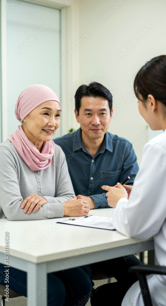 Asian female patient and her husband on medical consultation. Asian couple receiving information on successful cancer treatment. Woman and her spouse listening to oncologist. Family support concept Asian female patient and her husband on medical consultation. Asian couple receiving information on successful cancer treatment. Woman and her spouse listening to oncologist. Family support concept
