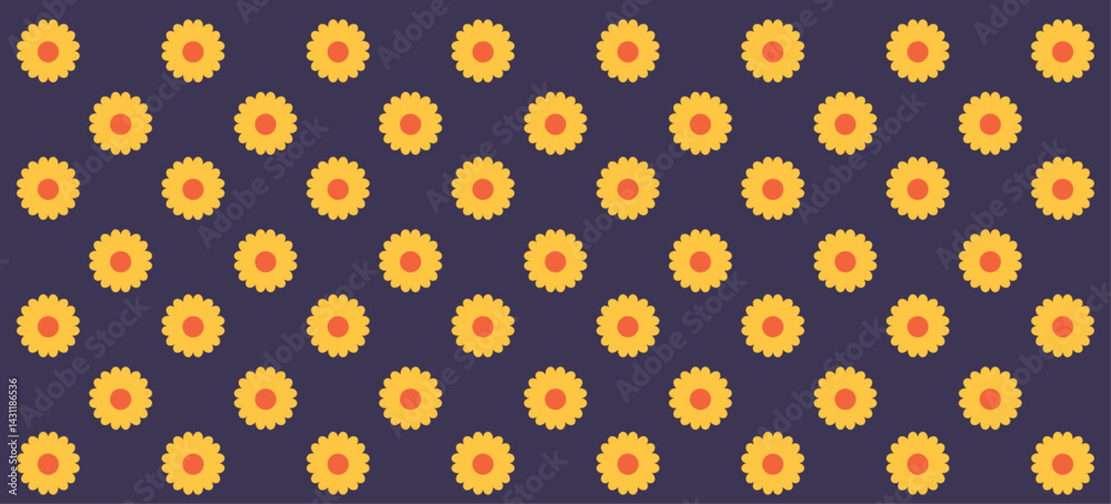 A decorative seamless pattern featuring neat rows of yellow sunflowers contrasted against a black background. Perfect for modern designs, artistic inspirations, and creating vibrant backgrounds.