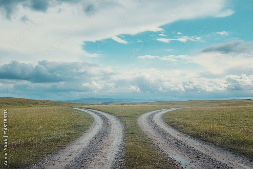Fototapeta premium Fork in the road grassy field blue sky scenic landscape