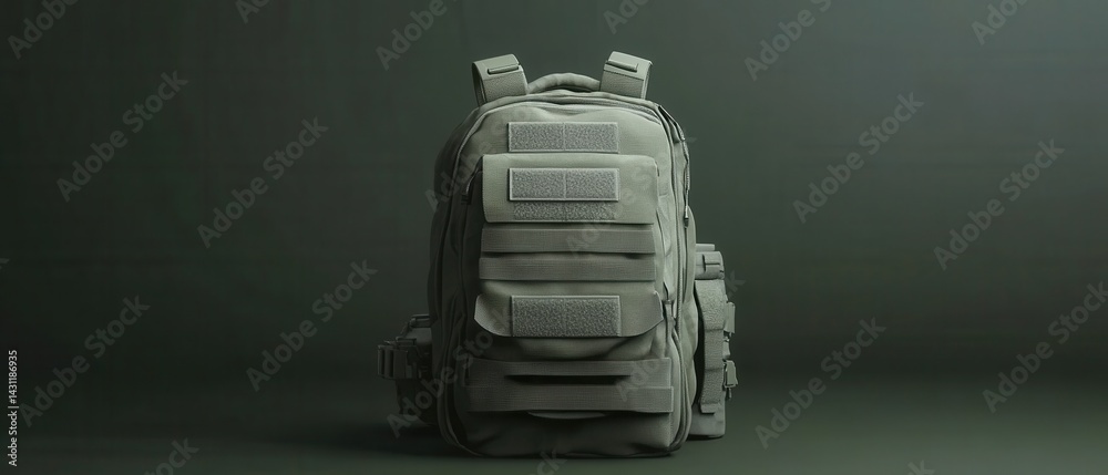 Tactical backpack in olive drab against a dark green background showcasing its molle webbing and modular design