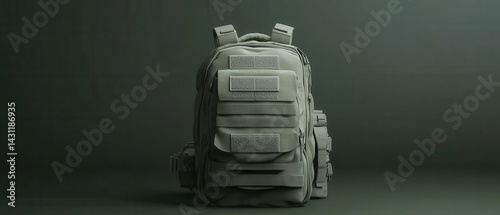 Obraz na płótnie Tactical backpack in olive drab against a dark green background showcasing its molle webbing and modular design w salonie