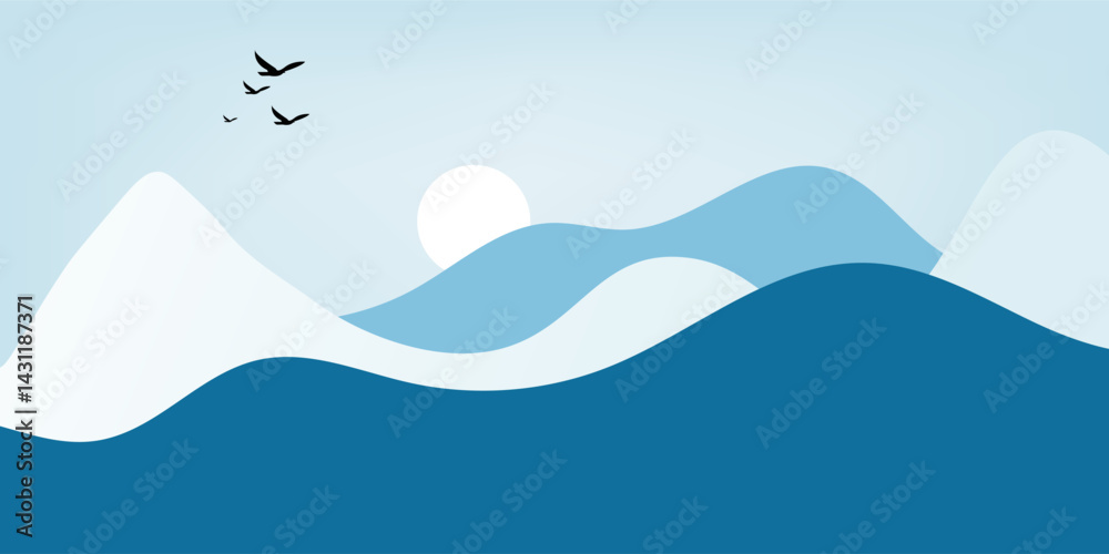 Naklejka premium illustration landscape mountain range with a blue sky. The mountains are covered in trees and the sky is clear and bright. The scene is peaceful and serene