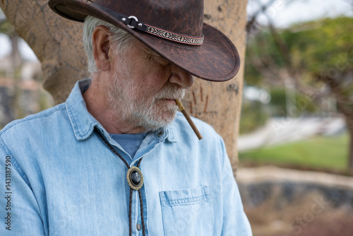 Portrait of a senior Caucasian man with beard sitting outdoors against a tree trunk, wearing a leather cowboy hat and smoking a cigarillo