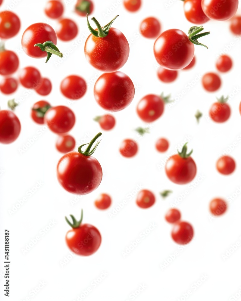 Fresh cherry tomatoes floating in air against white background vibrant red color healthy food concept studio shot Fresh cherry tomatoes floating in air against white background vibrant red color healthy food concept studio shot