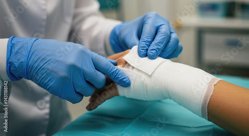Doctor hands in gloves apply clean bandage to injured hand. Careful bandage