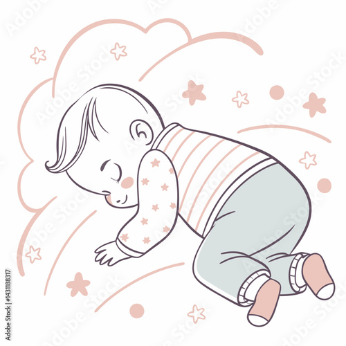 Infant baby boy sleeping, isolated babies on white background, flat vector illustration,nursery,baby showe, Design for prints, fabrics and textiles