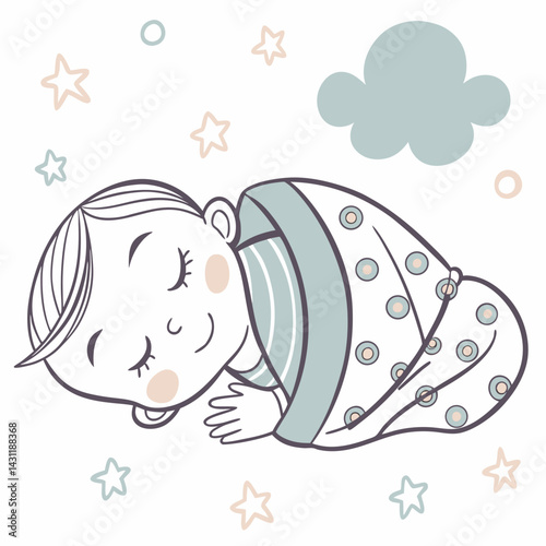 Infant baby boy sleeping, isolated babies on white background, flat vector illustration,nursery,baby showe, Design for prints, fabrics and textiles