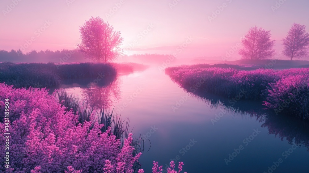 Obraz premium Enchanted Pink Sunrise: Serene River Landscape