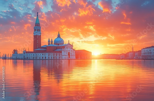 San giorgio maggiore at sunrise venice italy reflective water orange sky photo