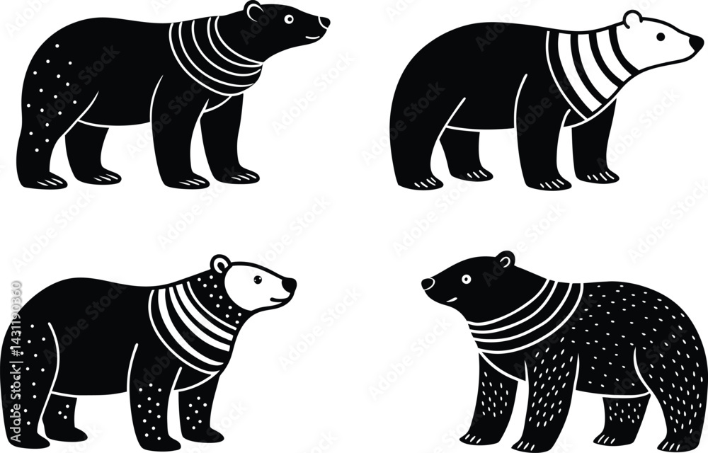 Fototapeta premium Cute Polar Bear Head Icons in Christmas Hats, Vector Silhouette Set, Happy Cartoon Polar Bear Faces with Holiday Hats, angry Silhouette Vector, Christmas Polar Bear Head Clipart Set, Cute Winter icon.
