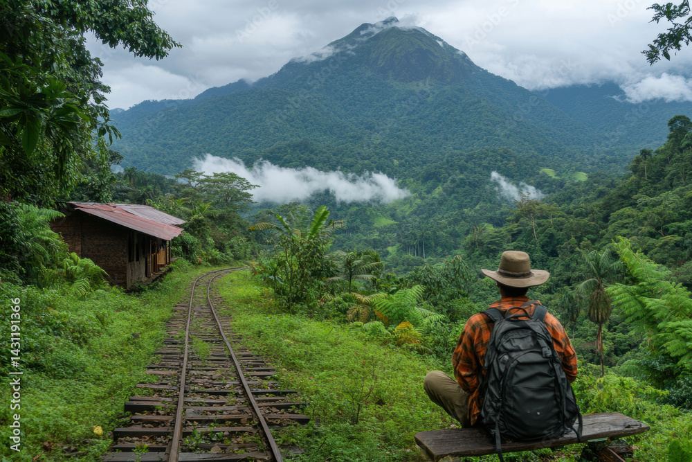 A man with a backpack sits on a bench beside an abandoned railway, gazing at a misty jungle mountain in a lush tropical forest.