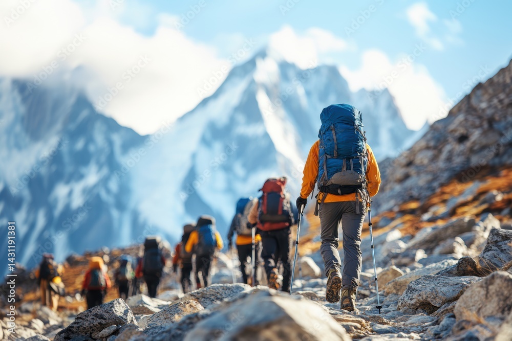 A group of mountaineers hikes along a rocky trail in the high mountains, wearing warm gear and large backpacks, surrounded by snowy peaks.