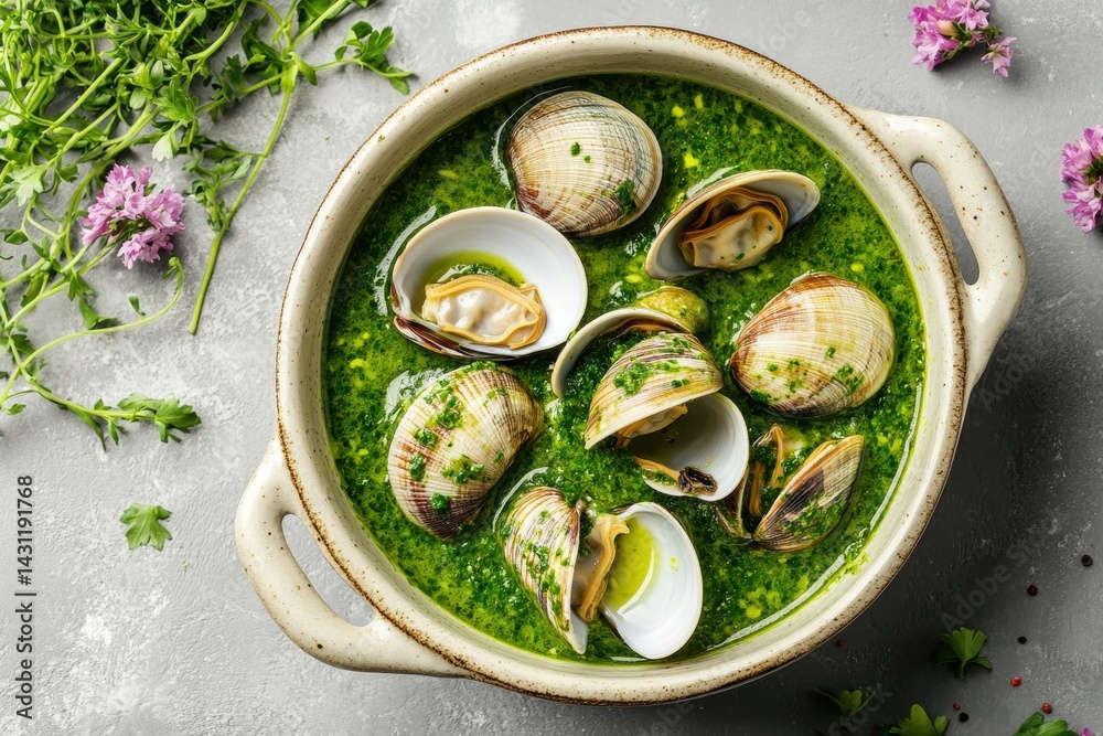 A white ceramic bowl of fresh clams in green sauce, garnished with aromatic herbs and flowers. Gourmet food with elegant presentation on a textured surface.