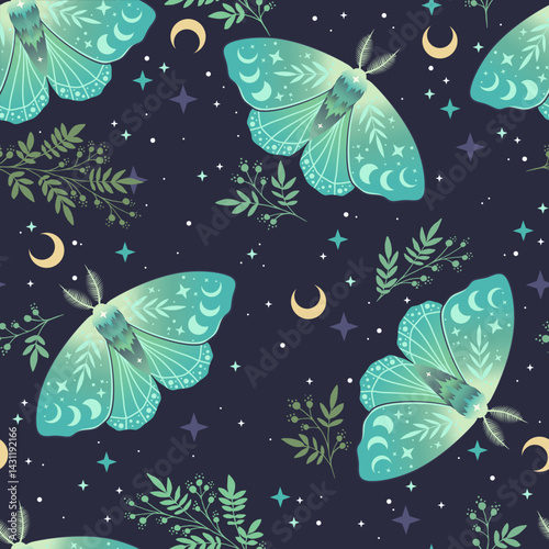 Green magic seamless pattern with moths. Boho background with space elements stars. Vector graphic.