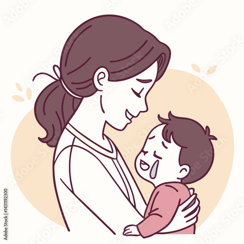mother holding and comforting her crying toddler baby. Vector illustration