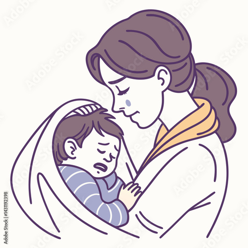mother holding and comforting her crying toddler baby. Vector illustration