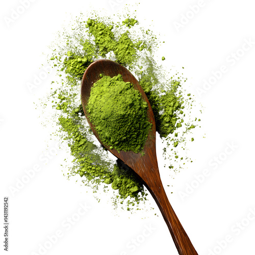 Matcha green powder pile, tea in wooden spoon isolated on black background, top view --v 7.0