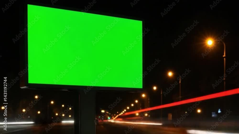 Blank Green Billboard at Night: A large blank green screen billboard stands prominently at night along a busy road, offering a vibrant canvas for advertising and design possibilities. Blank Green Billboard at Night: A large blank green screen billboard stands prominently at night along a busy road, offering a vibrant canvas for advertising and design possibilities.