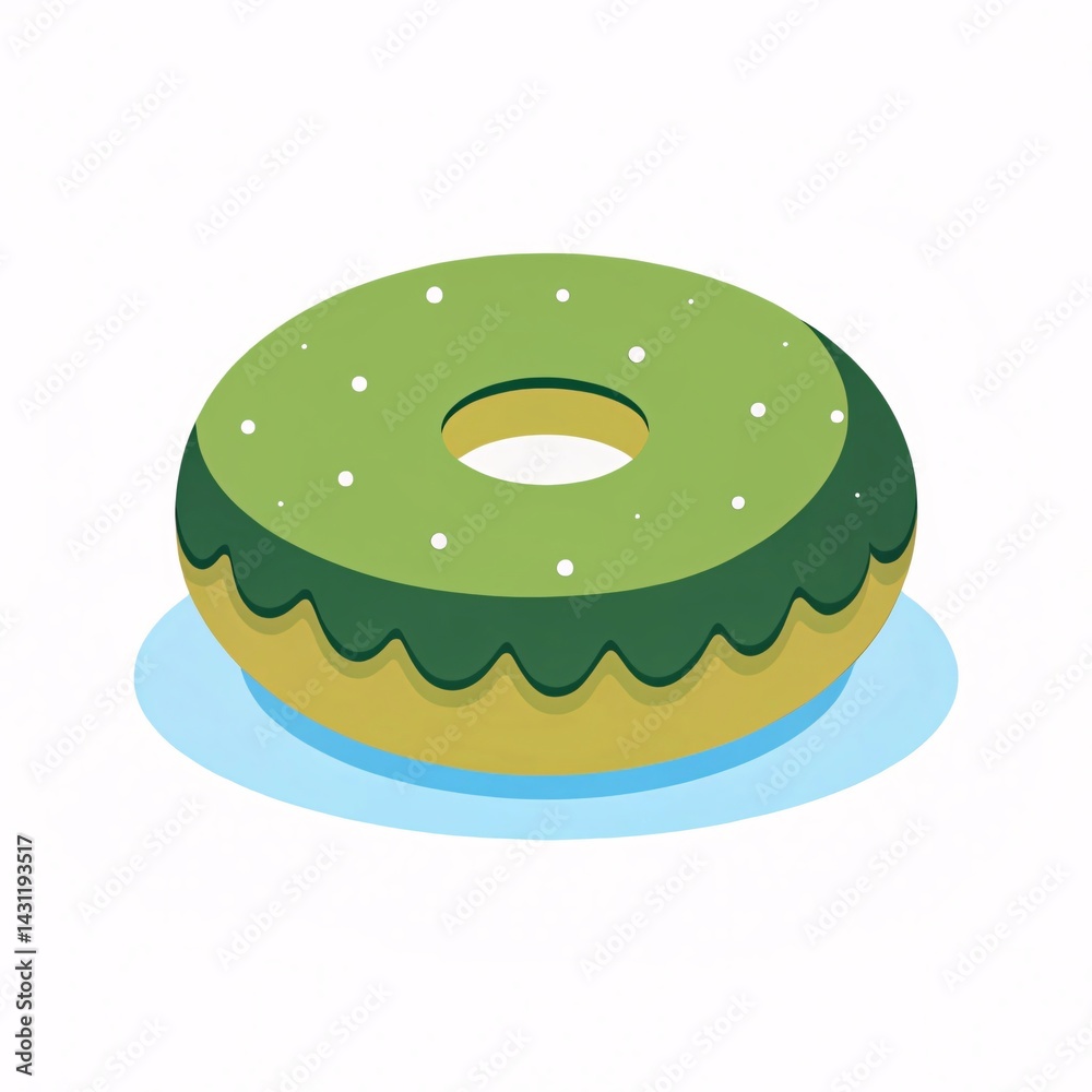 Green frosted doughnut illustration, complete with white sprinkles, resting on a light blue surface.