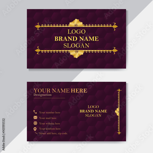 Modern shape and golden and dark purple color business card design.
