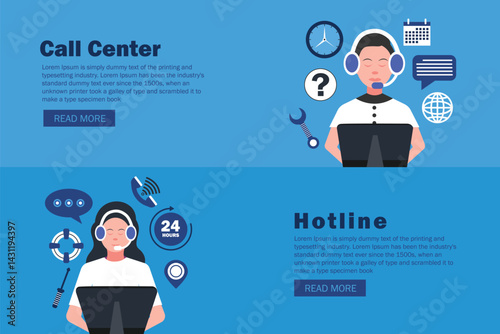 Women and men in headphones with laptop. Customer support. Call center operator with headset