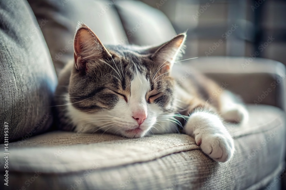 Naklejka premium Cozy Grey and White Cat Napping on a Sofa - Adorable Pet Stock Photo