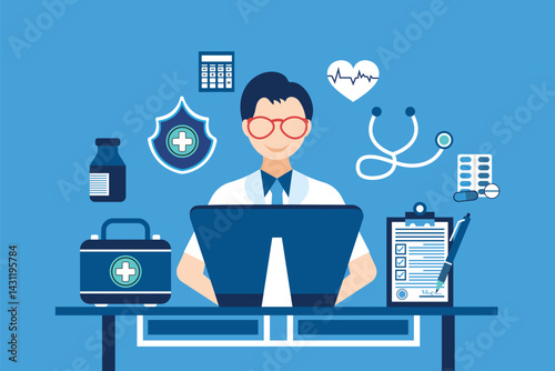 Online medical services, online medical consultation. Man at computer asking for medical advice