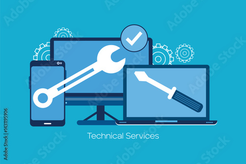 Computer repair and technical support service or maintenance concept with wrench and screwdriver on screen