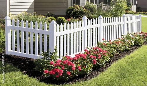 A white picket fence surrounds a garden with flowers in front of a home, in close-up. 