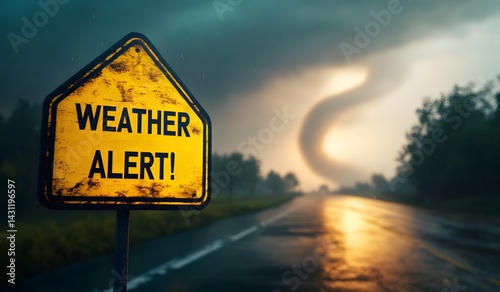 A yellow weather warning sign on the side of an American highway with the text 