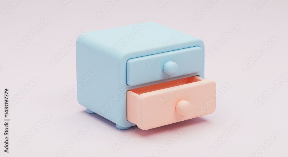 Pastel Two-Drawer Mini Chest of Drawers, One Drawer Open, 3D Render Pastel Two-Drawer Mini Chest of Drawers, One Drawer Open, 3D Render