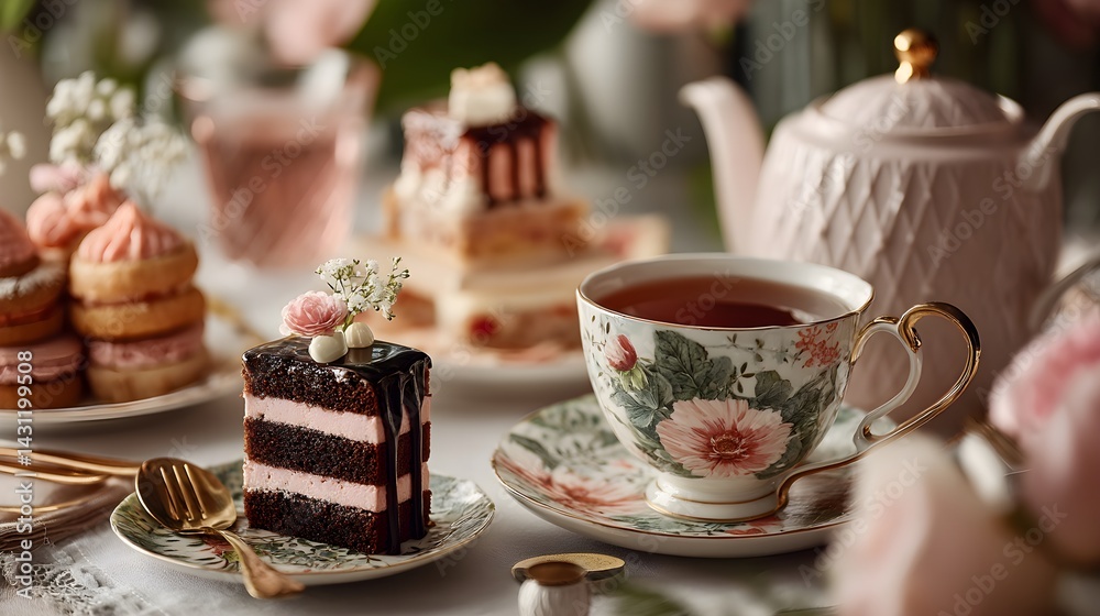 Elegant Porcelain Tableware Arrangement with Steaming Coffee and Delicate Cake – Inviting Daytime Visual for Hospitality Branding Elegant Porcelain Tableware Arrangement with Steaming Coffee and Delicate Cake – Inviting Daytime Visual for Hospitality Branding