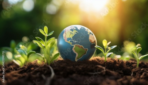 planet earth resting on fertile soil surrounded by green plants under warm sunlight symbolizing sustainability and nature generative ai