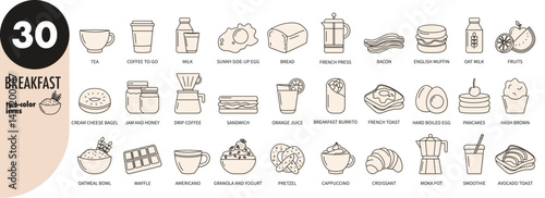 Breakfast food thin line icons set with light beige fill. Egg, bread, toast, burrito, coffee, tea, milk, fruits, oatmeal, granola, croissant, waffle, avocado, juice, pancakes, jam, vector illustration