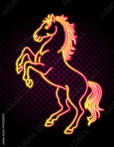 Horse neon sign. Chinese new horse standing on hind hooves. Bright vector illustration.