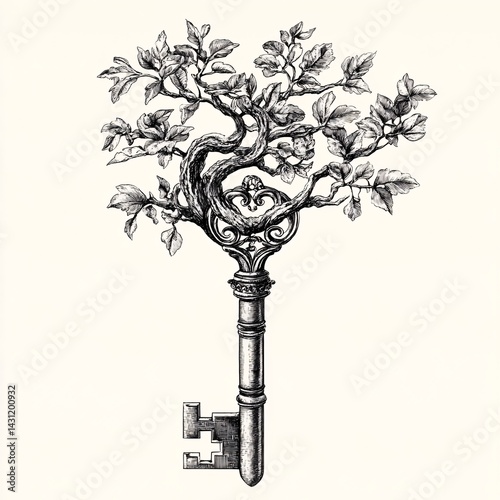 Antique key transforming into delicate tree branches in black and white engraving photo