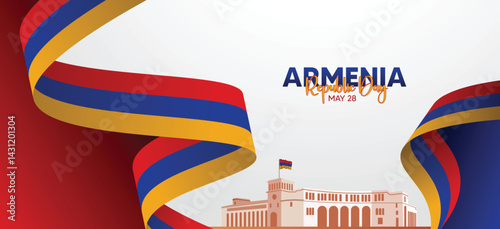Armenia Republic Day 28 May flag ribbon with Government House vector poster