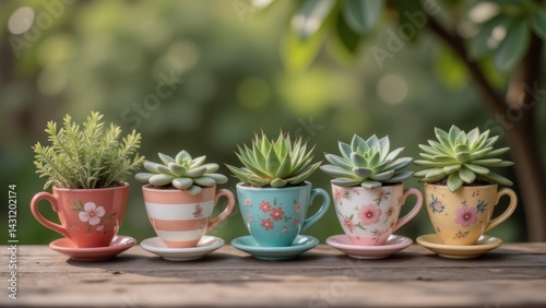 Wallpaper Mural Succulents in Vintage Teacups: Colorful Potted Plants Still Life Torontodigital.ca
