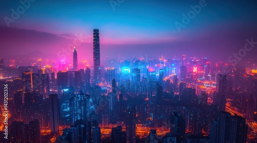 Wallpaper Mural Neon Cityscape at Dusk: A Breathtaking Aerial View of a Vibrant Metropolis Torontodigital.ca