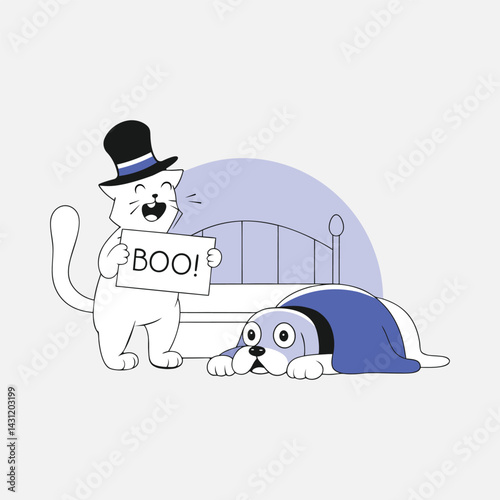 Vector Illustration for Funny Cartoon Cat Says BOO to a Scared Dog - Cat and Dog