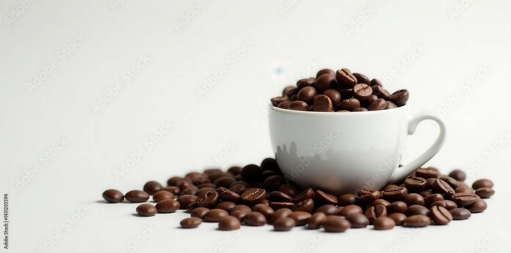 Fototapeta premium Fragrant coffee aroma, white cup, roasted coffee beans spill , morning, delicious, beans