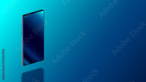 Modern vertical smartphone floating over table with smooth dark blue surface in perspective view with reflection. Realistic vector illustration isometric phone. Mock up or template shiny phone.