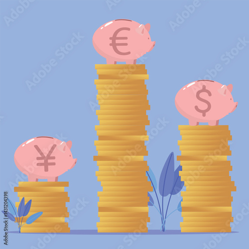 Exchange rates, vector icons of euro, dollar, yuan coins, piggy bank. Saving money, currency exchange, profitable investments, economics