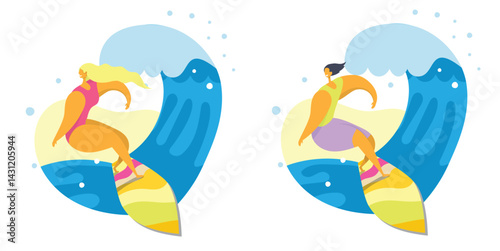 Two stylized surfers ride waves