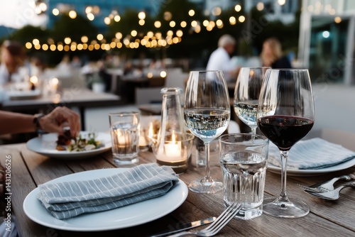 An elegantly set dining table adorned with glasses of water and wine under soft lights, providing an inviting atmosphere for a fine dining experience with friends.